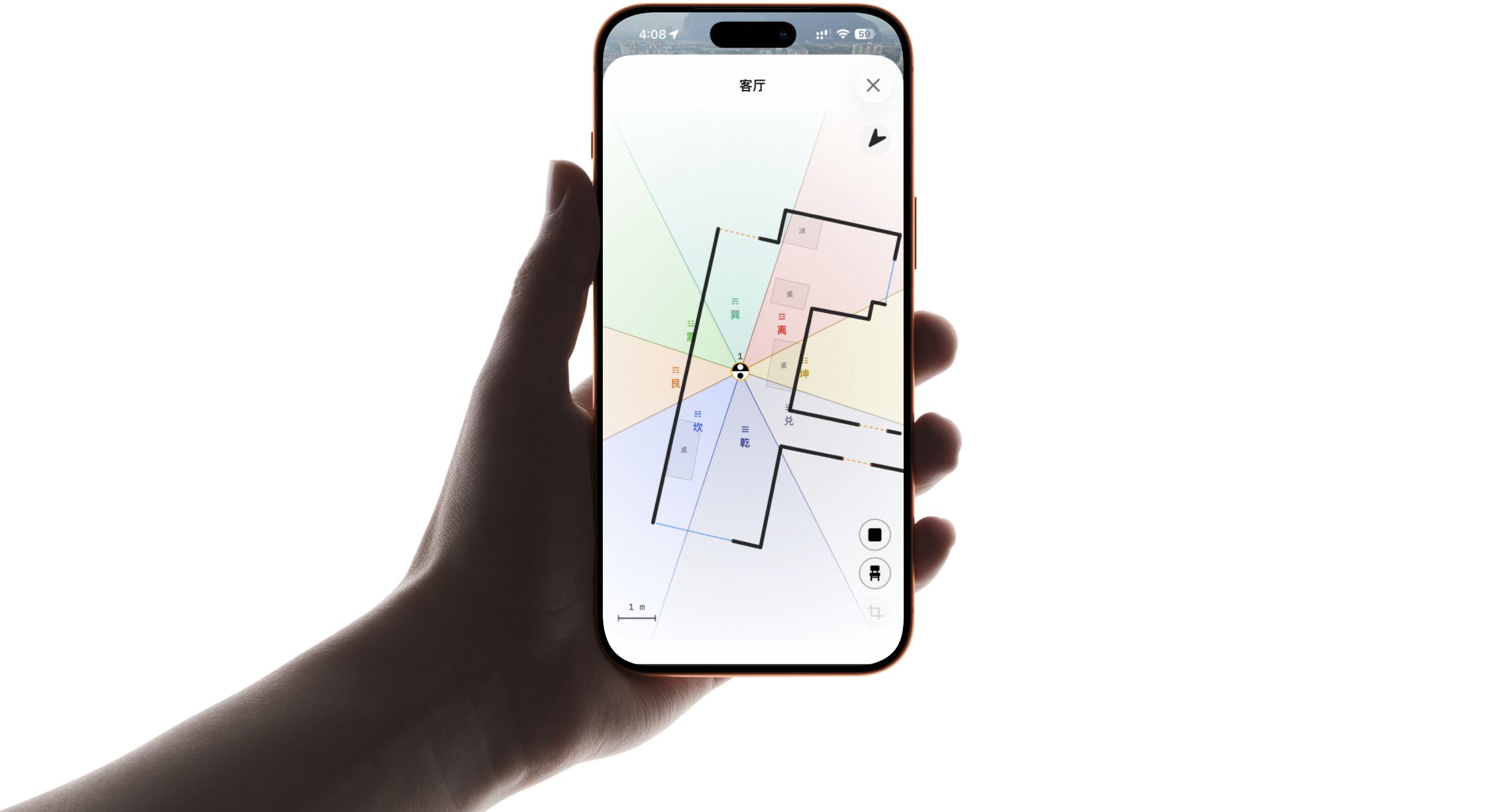 A hand holding an iPhone showing kankan's saved spaces